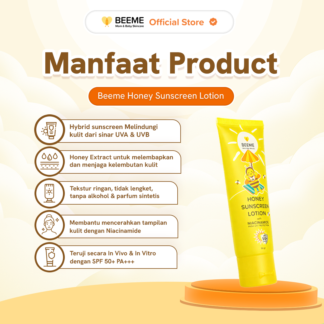 Beeme Honey Sunscreen Lotion with Niacinamide SPF 50+ PA +++ 50gr | Sunscreen Ibu dan Anak - Gambar 3