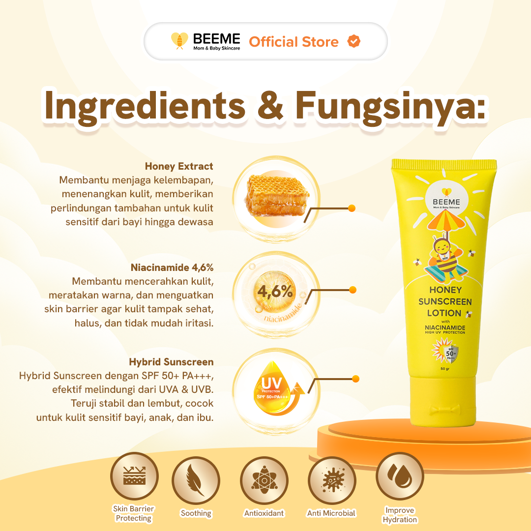 Beeme Honey Sunscreen Lotion with Niacinamide SPF 50+ PA +++ 50gr | Sunscreen Ibu dan Anak - Gambar 4